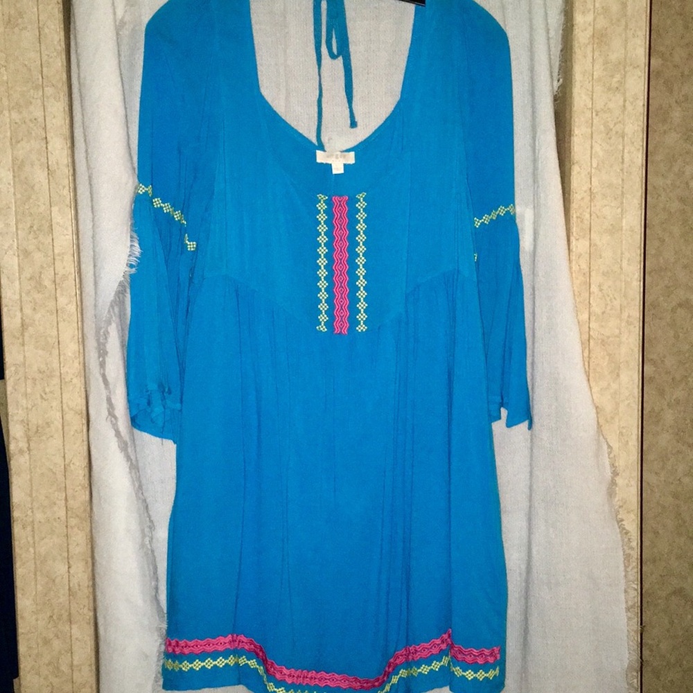 Umgee Turquoise Bohemian, bell sleeve dress